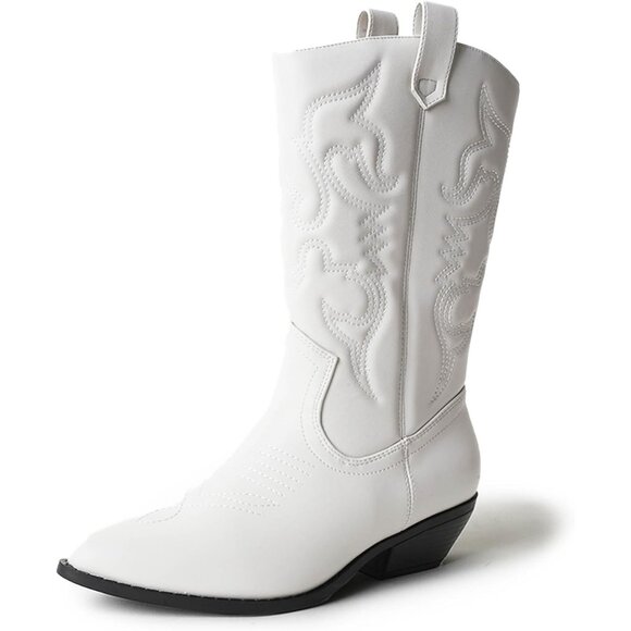 Women Polyurethane White Mid Calf Low Heel Pointed Toe Cowgirl Western Boot - Picture 1 of 9